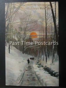 c1906 - A Merry Christmas & A Happy New Year - ' Sun setting on a snowy forest'
