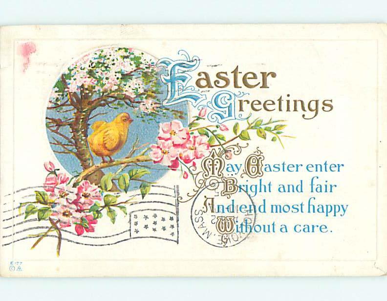 Divided-Back easter CHICK ON BRANCH ON PINK FLOWER TREE r3443
