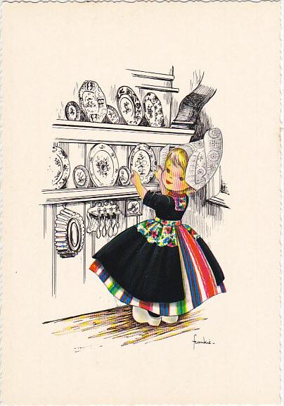 Dutch Girl Putting Plate On Shelf Signed Frankie