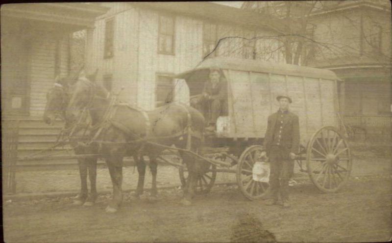 Ice Advertising Wagon & Men - Man Holding Ice Block c1910 Real Photo Postcard