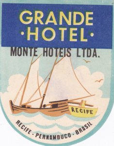 Brasil Pernambuco Recife Grande Hotel Guararapesl Vintage Luggage Label sk2670