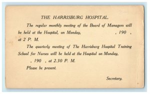 c1905 Harrisburg PA Hospital Monthly Board Meeting Nurses Advertising Postcard 
