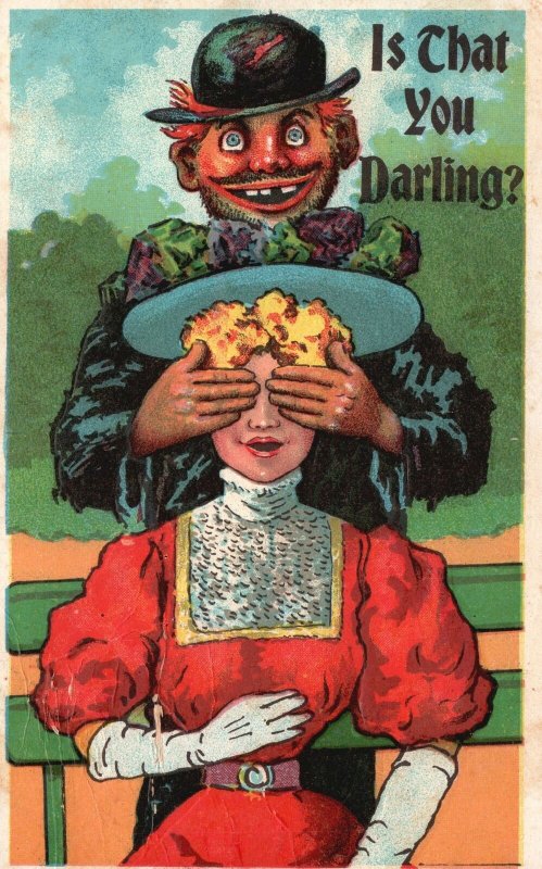 Vintage Postcard 1913 Is That You Darling? Couple Lovers Covering Eyes Comic