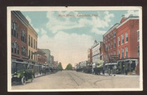 ASHTABULA OHIO DOWNTOWN MAIN STREET SCENE OLD CARS VINTAGE POSTCARD OH