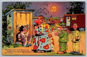 Vintage Saucy Cartoon Humor Postcard - Waiting For The Outhouse