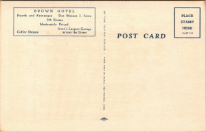 Vtg Des Moines Iowa IA Brown Hotel 4th Street and Keosauqua 1930s Postcard