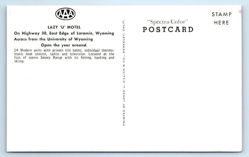 LARAMIE, WY Wyoming ~ Lincoln Highway LAZY U MOTEL c1950s Roadside  Postcard