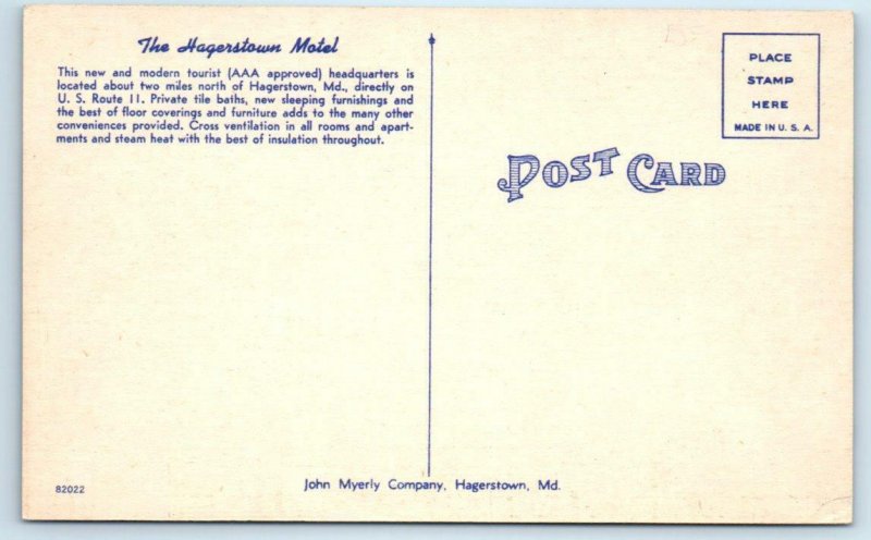 HAGERSTOWN, Maryland MD ~ Roadside HAGERSTOWN MOTEL c1940s Linen Postcard