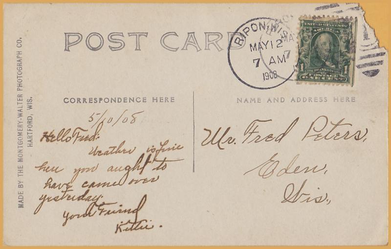 RPPC-Ripon, WIS., C&NW Railroad Junction along the Gothic Millpond - 1908