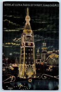 Coney Island New York NY Postcard Scene At Luna Park By Night c1920's Antique