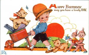 Signed HAPPY BIRTHDAY Greeting  CUTE KID & WHEELBARROW  c1920s  Postcard