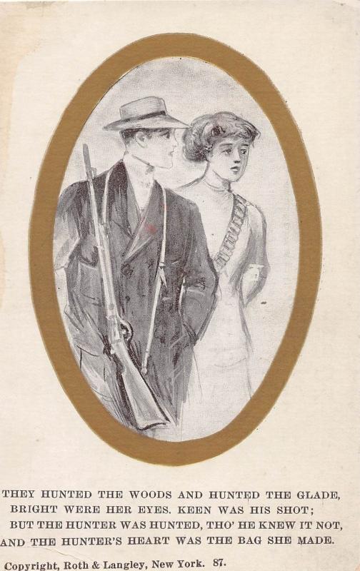 MAN CARRYING RIFLE TO HUNT IN THE WOODS W/ WOMAN  ARTIST SKETCH W/POEM POSTCARD