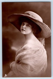 Pretty Woman Postcard RPPC Photo Big Hat Studio Portrait Tuck My Panama c1910's