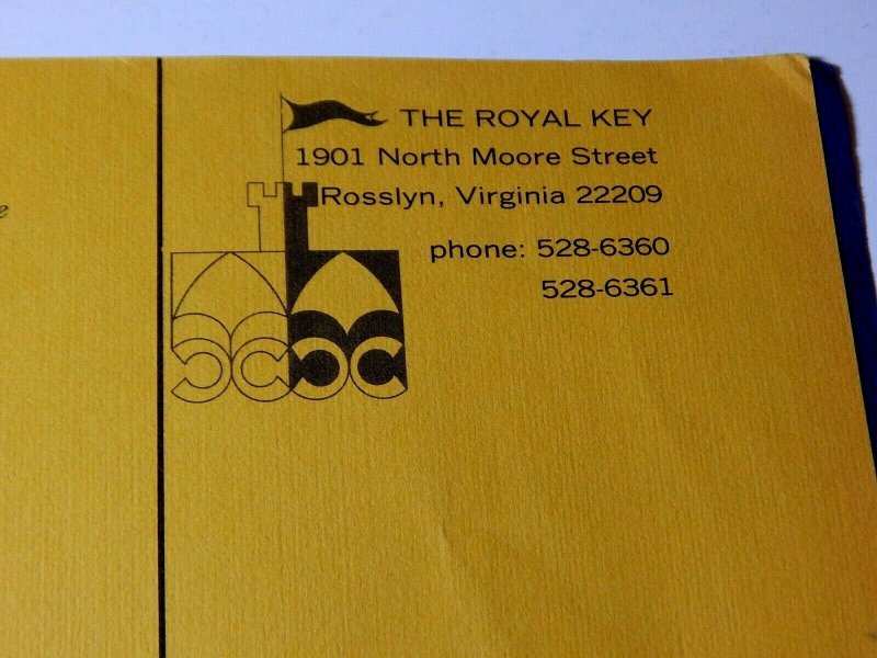 Vintage The Royal Key Restaurant Menu Rosslyn, Virginia