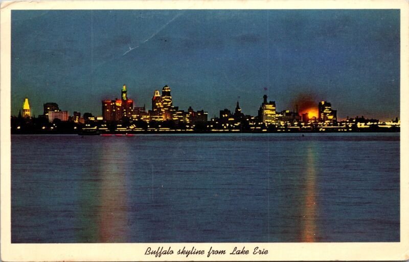 Buffalo Skyline Lake Erie New York NY Night Postcard PM Derby NY Cancel WOB Note