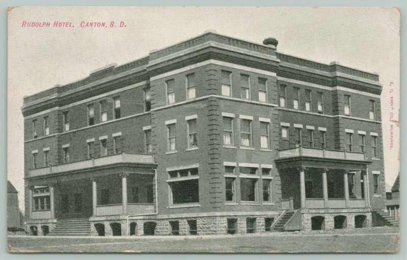 Canton South Dakota~Rudolph Hotel~Porches Both Sides~1909 B&W Postcard