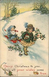 HKB Tuck Playtime Christmas Children Sledding Winter Scene Vintage Postcard