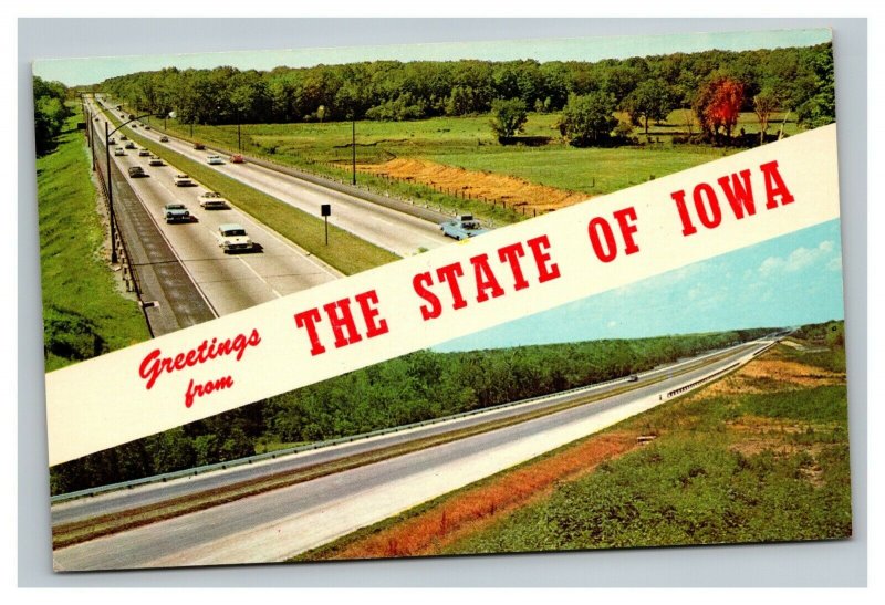 Vintage 1960's Postcard Greetings From Iowa - Antique Cars on the Highway