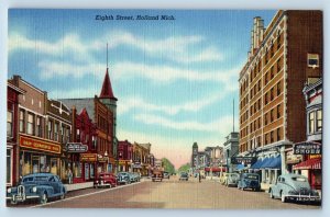 Holland Michigan Postcard Eighth Street Buildings Classic Cars Road 1940 Vintage