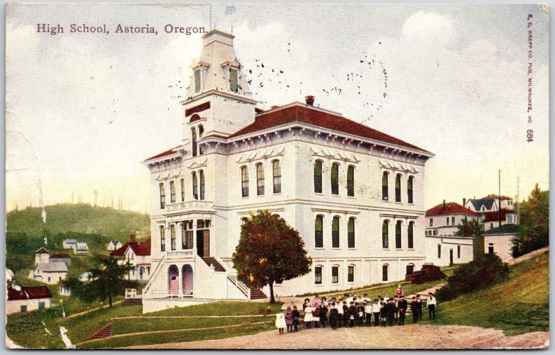 1911 High School Astoria Oregon OR Children In The Grounds Posted Postcard