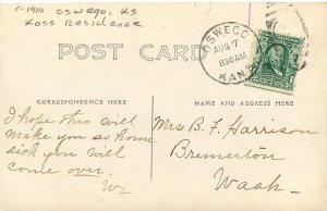 c1910 Oswego Kansas Koss Residence RPPC Postcard 25-11575