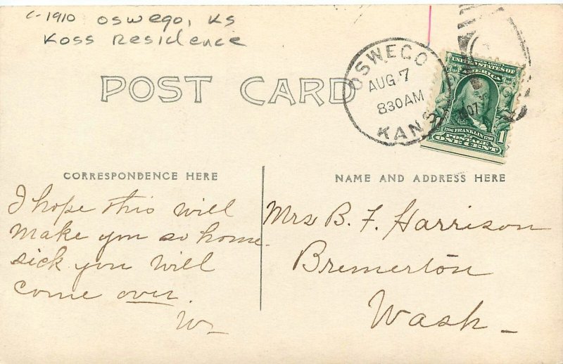 c1910 Oswego Kansas Koss Residence RPPC Postcard 25-11575