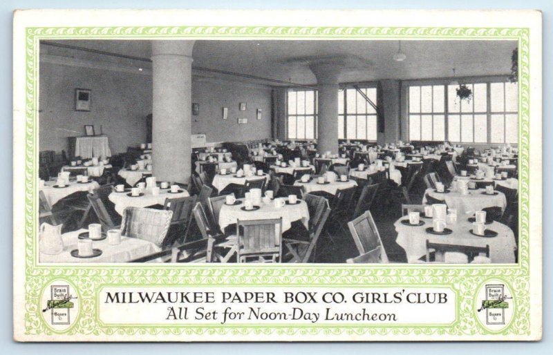 2 Postcard MILWAUKEE PAPER BOX COMPANY, WI ~ Lunch GIRLS CLUB Dining c1920s Room 