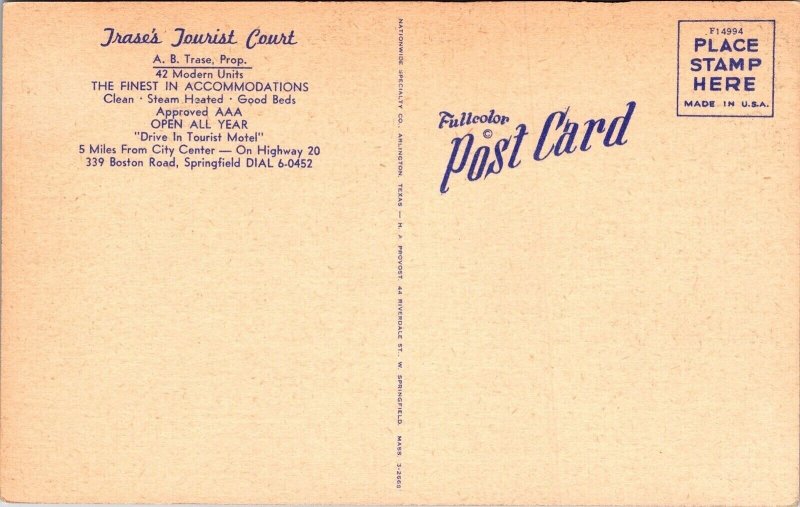 Trases Tourist Court Motel Front Side Views Finest New England Postcard Unused 