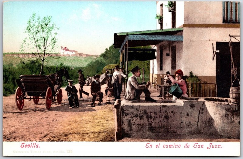 Sevilla En El Camino De San Juan Horse Carriage Men & Woman Postcard