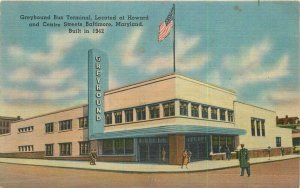 Baltimore Maryland Greyhound Bus Terminal Flag Calvert Tichnor Postcard 22-80