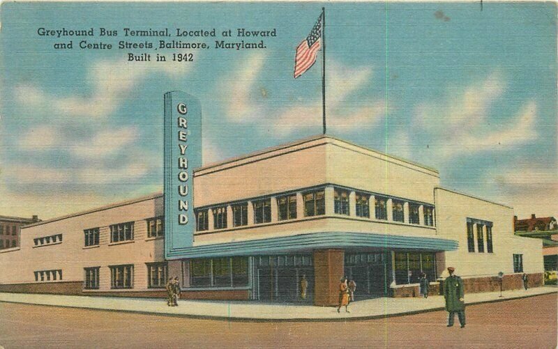 Baltimore Maryland Greyhound Bus Terminal Flag Calvert Tichnor Postcard 22-80