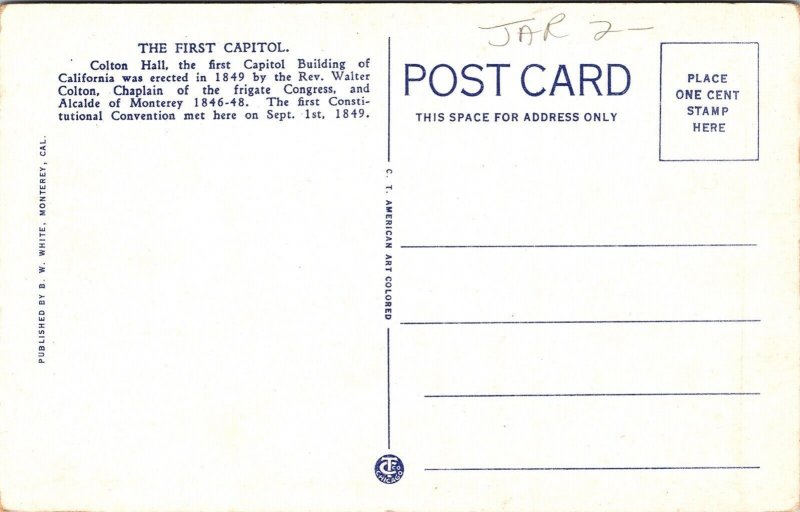 Colton Hall First Capitol California CA Monterey WB Postcard UNP VTG Curt Teich 