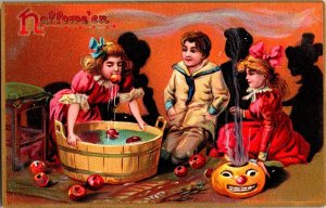 Vintage Tuck's Children Bobbing Apples, JOL, Pumpkin Halloween Postcard UNPOSTED