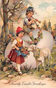 Easter Greetings Children with Giant Egg and Lamb PFB Postcard AA32059