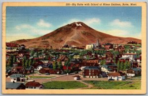 Butte Montana 1945 Postcard Big Butte With School Of Mines Emblem