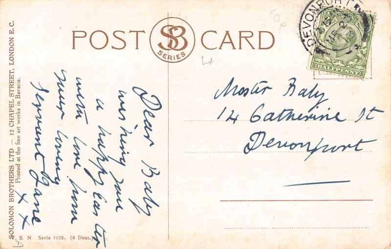 Easter Greetings 1913 Red Egg Violet Flowers Rabbit vintage postcard