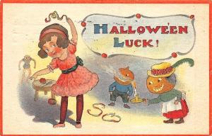 Halloween Luck Young Girl with J-O-L Heads Pixie Postcard