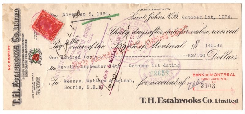 1934 Estabrooks, Red Rose Tea, Cheque Canadian George V Stamp, Souris PEI Check