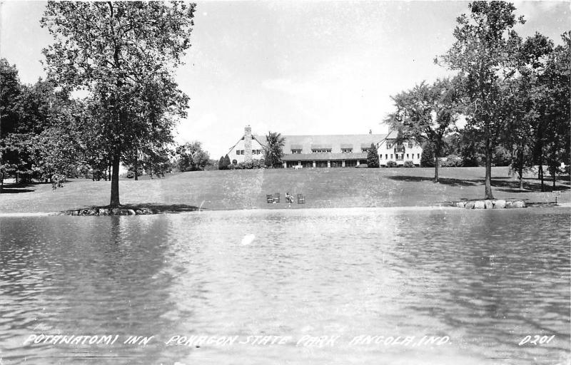 Angola Indiana~Pokagon State Park~Potawatomi Inn from Across Pond~1940s RPPC