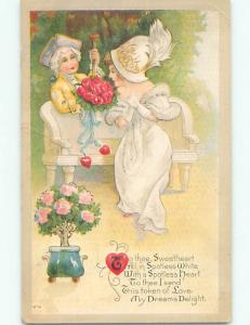 Unused Pre-Linen valentine GIRL GETS FLOWERS FROM MAN IN COLONIAL CLOTHES k5476