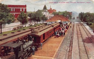 PETOSKEY MICHIGAN~SUBURBAN RAILROAD STATION & TRAINS POSTCARD