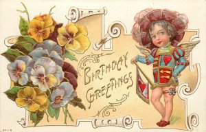 Embossed Birthday Postcard Cherub Cupid Dressed as Royal Trumpeter