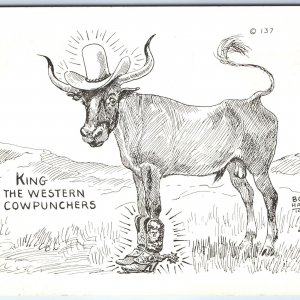 1950 Bob Hall Art Drawing Postcard Anthropomorphic Cow King Cowpunchers PC A233