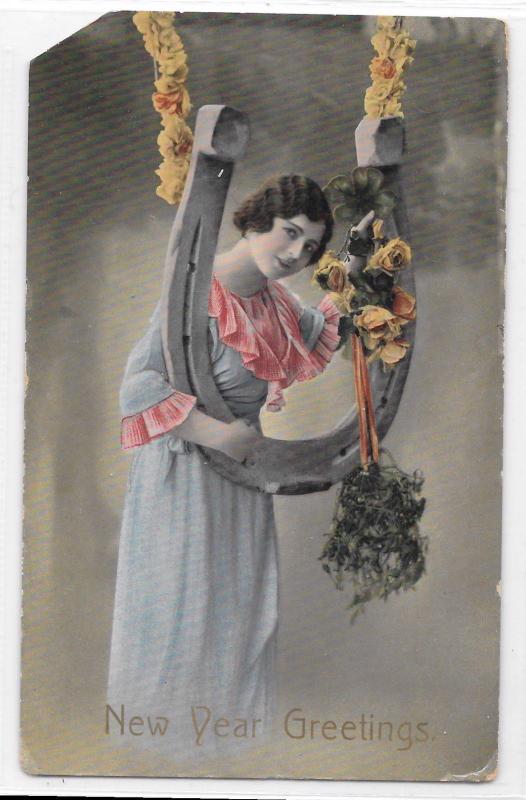 Vintage Postcard New Year Woman Large Horseshoe Straight Line Cancel Killer Rare