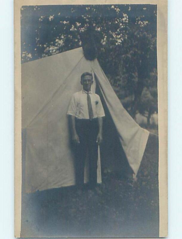 Pre-1920 rppc camping MAN STANDING OUTSIDE HIS TENT IN CAMP HM0807