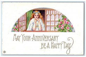 1916 Anniversary Pretty Woman In Window Flowers Embossed Manchester CT Postcard