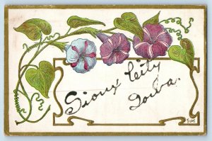 Sioux City Iowa IA Postcard Greetings Flowers And Vine Leaves Scene 1913 Antique