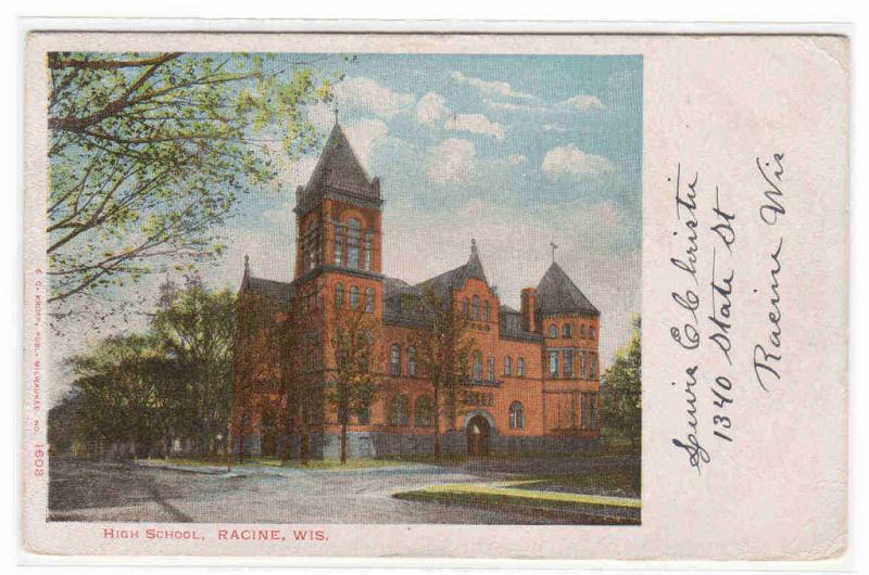 High School Racine Wisconsin 1908 postcard