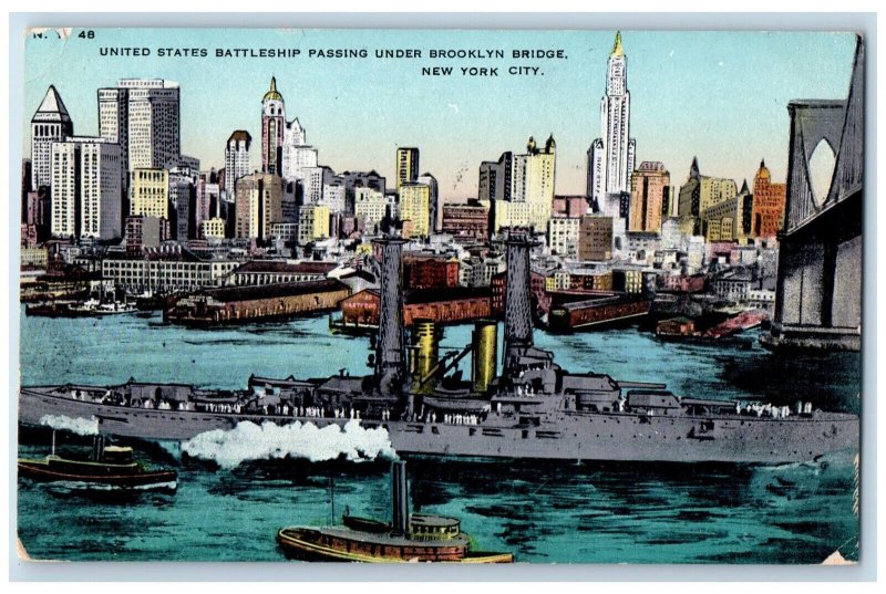 c1910 United States Battleship Passing Under Brooklyn Bridge NY Posted Postcard