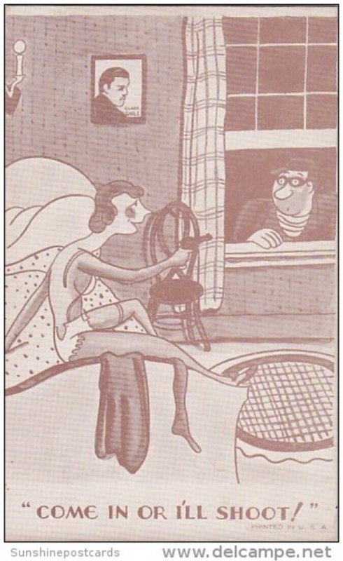 Vintage Arcade Card Humour Woman With Burglar Come In Or I'll Shoot